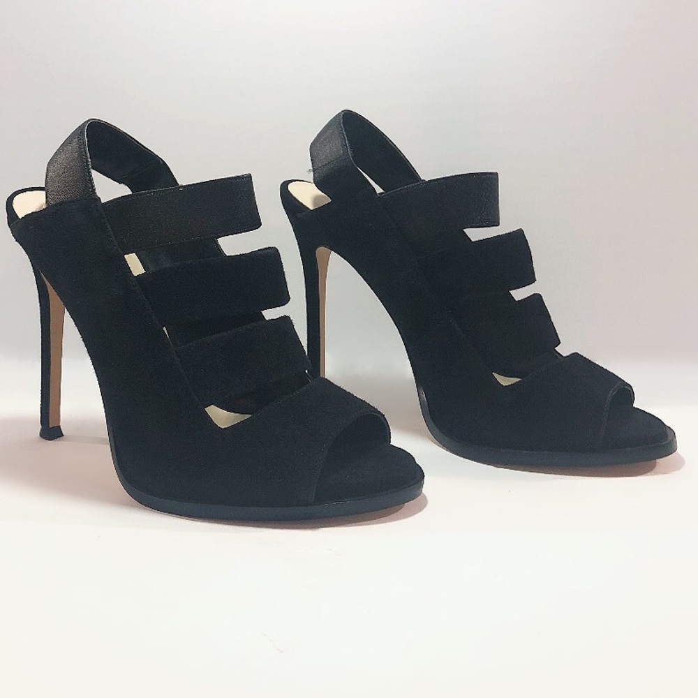 Nine West black suede open toe strap front heels